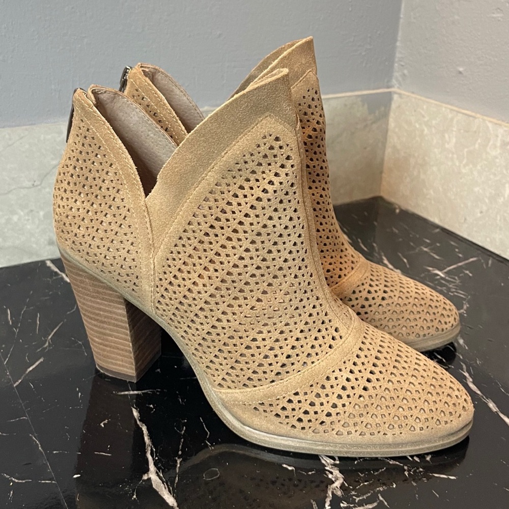 Vince Camuto Perforated Suede Ankle Booties in Tan